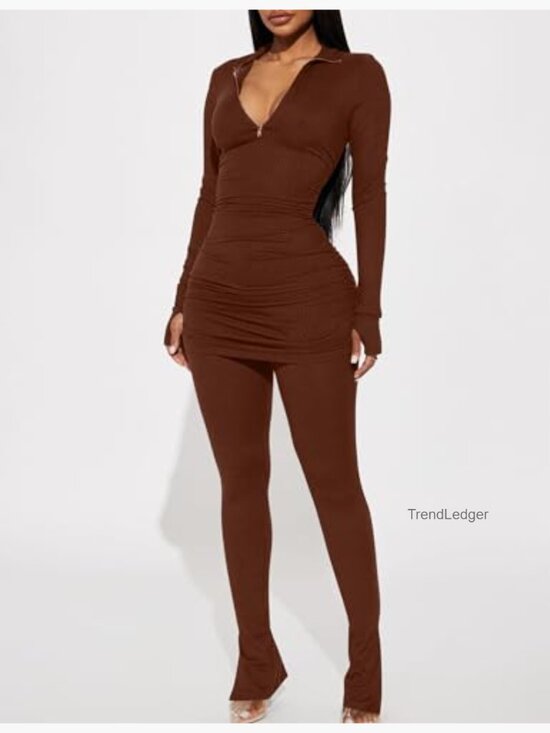 Women's Ribbed Tracksuit Set Half Zip Pullover Leggings Gym Lounge - Picture 2 of 6